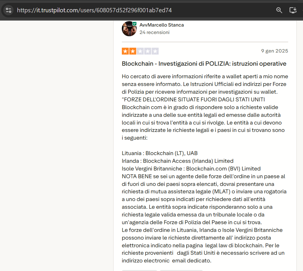 Trustpilot AvvMarcello Stanca - Blockchain Investigazioni di POLIZIA - Istruzioni operative MLAT - Lituania Irlanda Isole Vergini Britanniche - Gennaio 2025