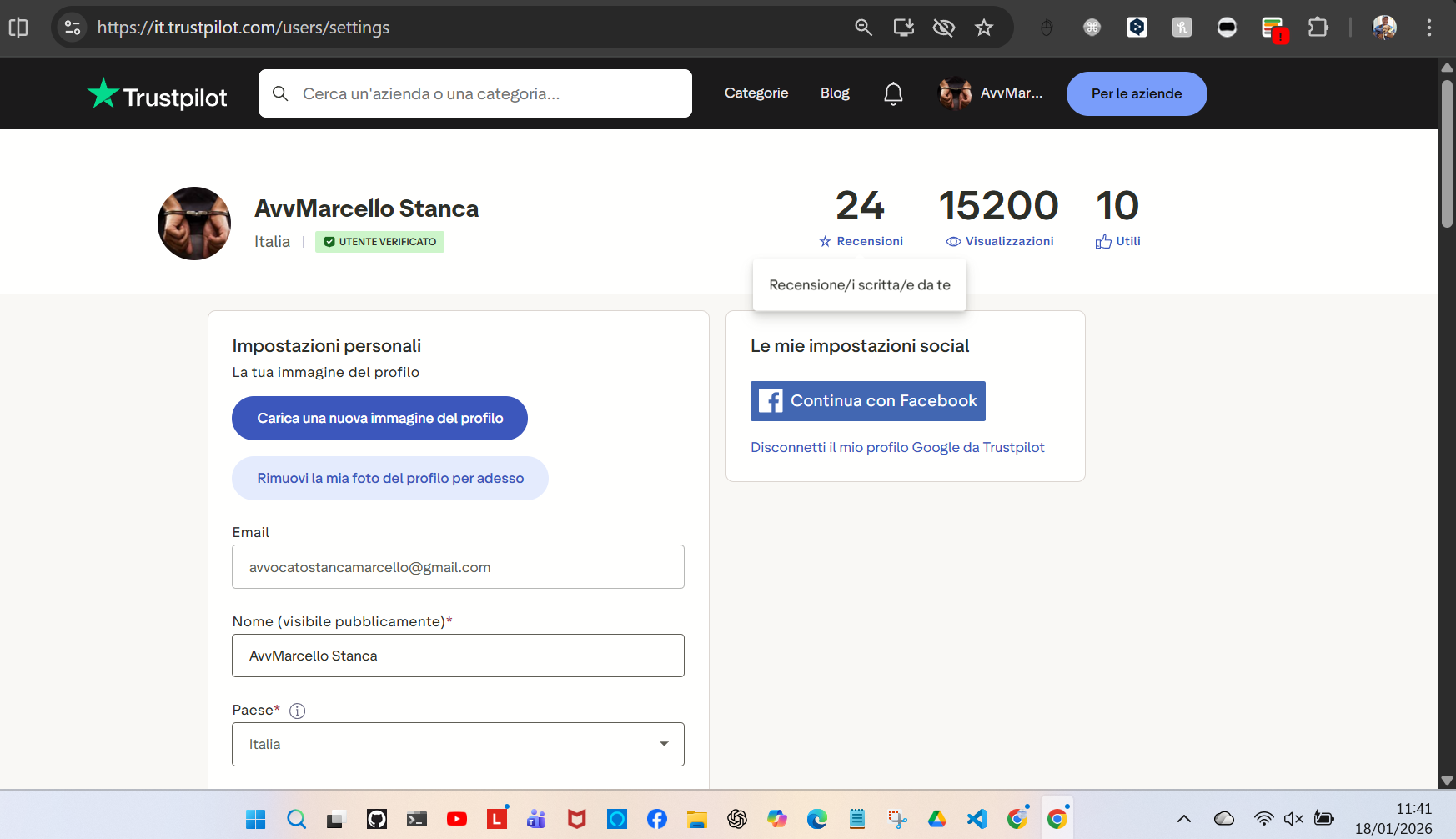Trustpilot AvvMarcello Stanca - Utente Verificato - 24 recensioni - 15200 visualizzazioni - Sincronizzato con Google - URL: it.trustpilot.com/users/settings - 18/01/2026